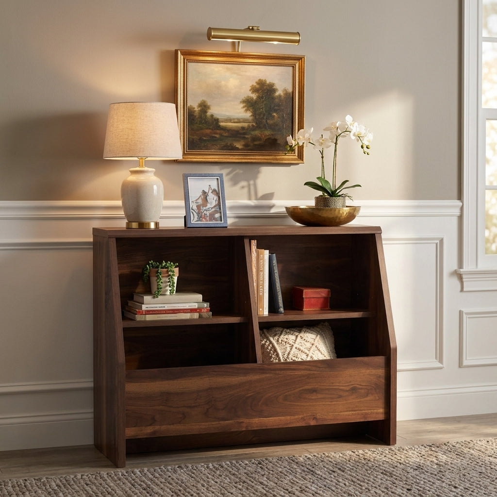 Pallas brown bookcase showing a low bookcase in an elegant living room