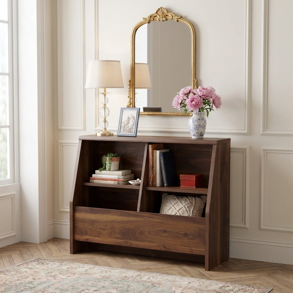 Pallas brown bookcase showing a styled room scene with adjustable display shelves