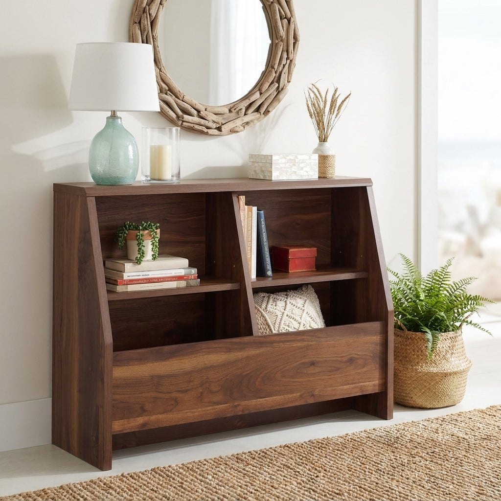 Pallas brown bookcase showing a cozy interior with books and decor
