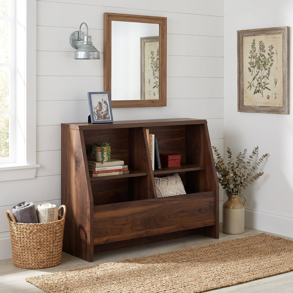 Pallas brown bookcase showing a warm entryway scene with storage display