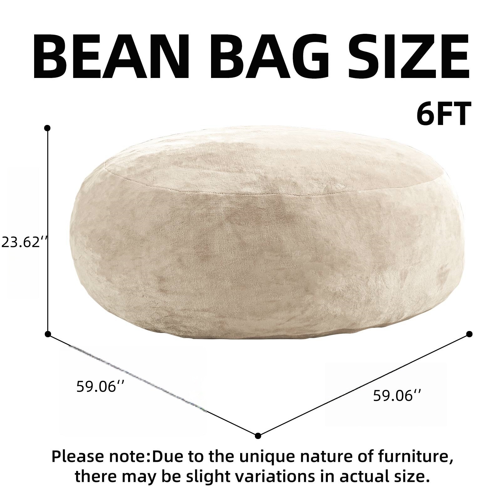 Pebble beige bean bag chair showing 6 ft size dimensions