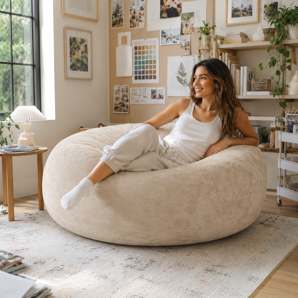 Pebble beige bean bag chair showing a woman relaxing in a warm neutral sitting area