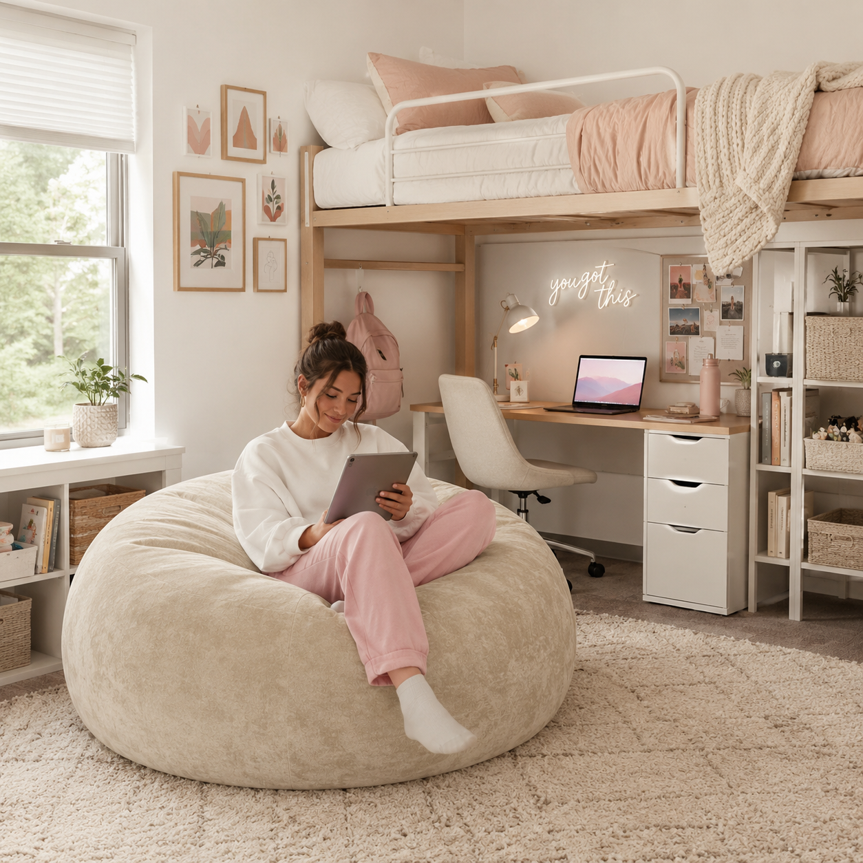 Pebble beige bean bag chair showing a seated woman reading in a cozy bedroom setting