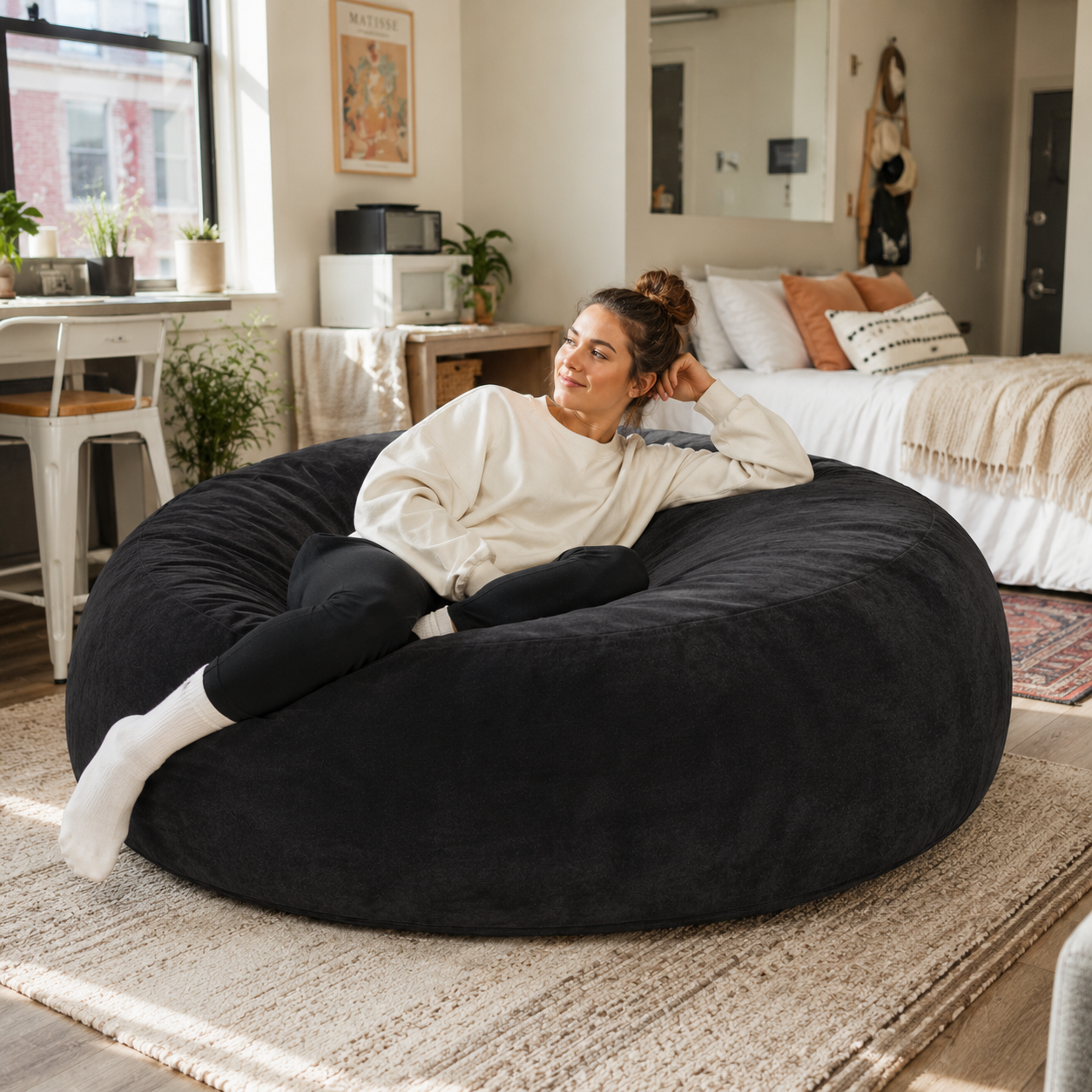 Pebble black bean bag chair showing a person relaxing with a book in a neutral bedroom