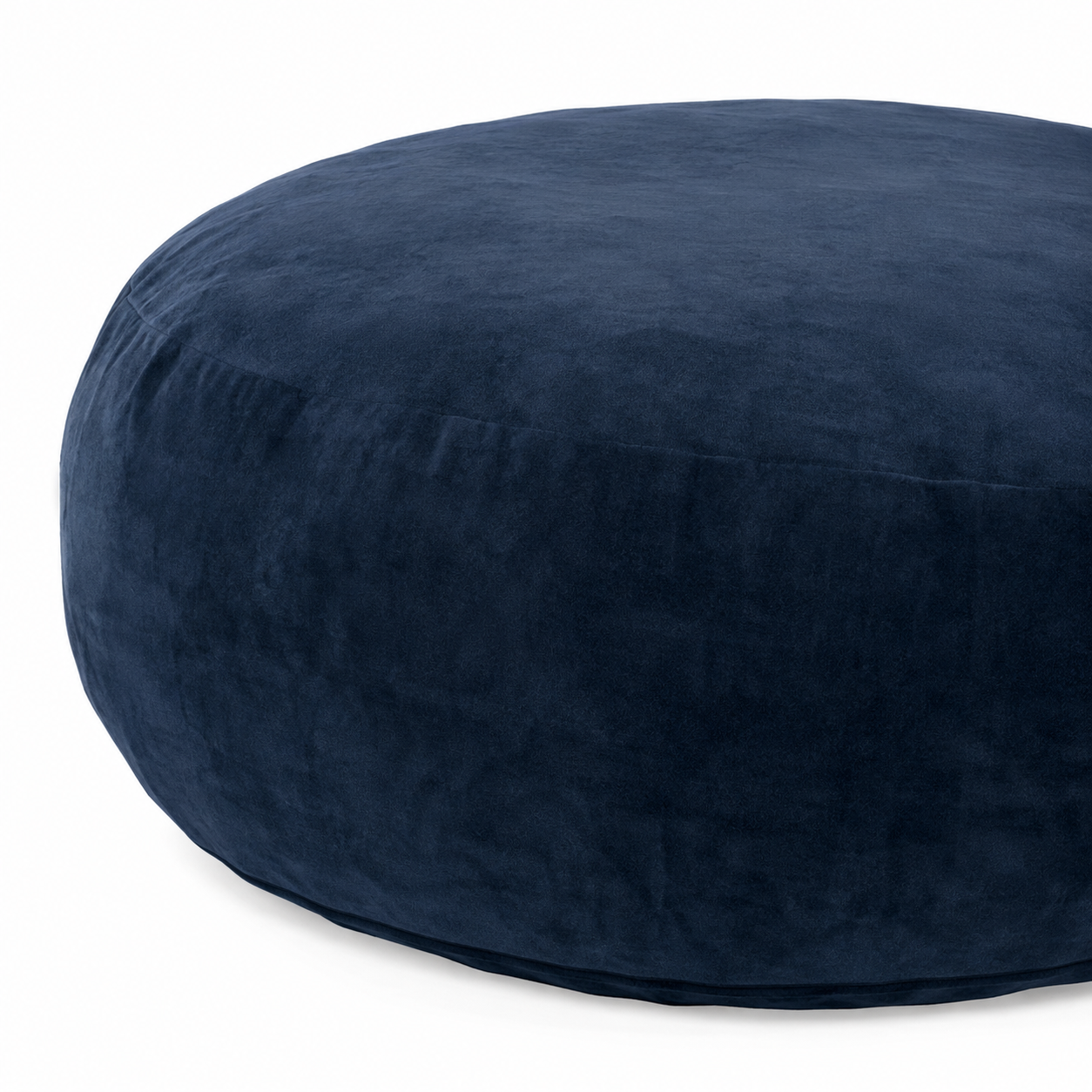 Pebble blue bean bag chair showing rounded side upholstery detail
