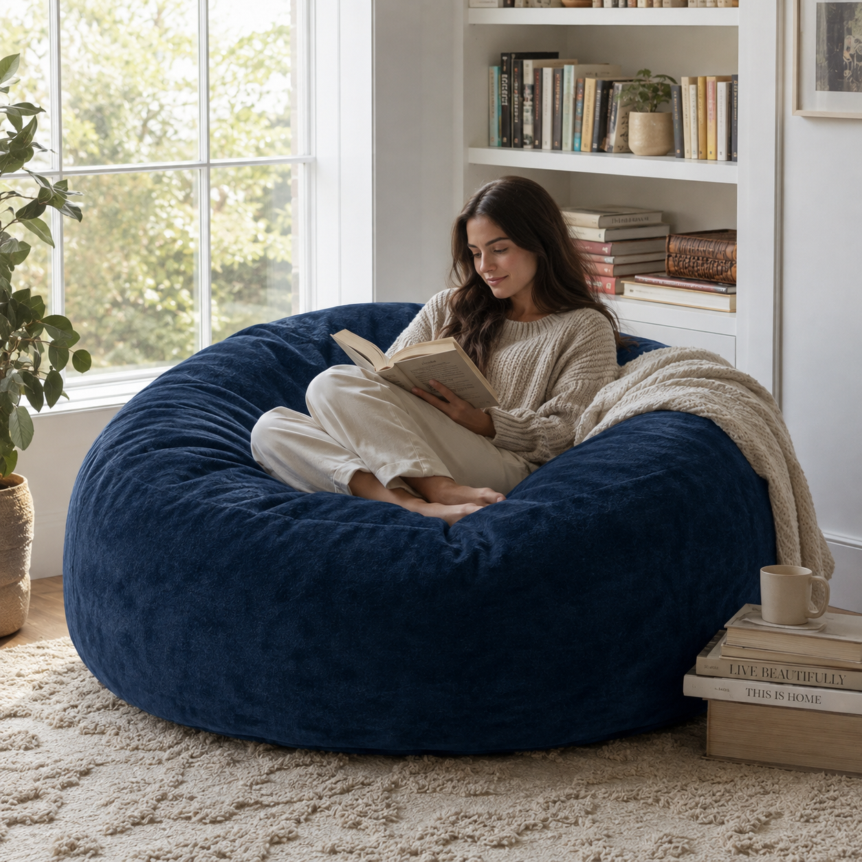 Pebble blue bean bag chair showing a woman reading beside a window in a cozy living space