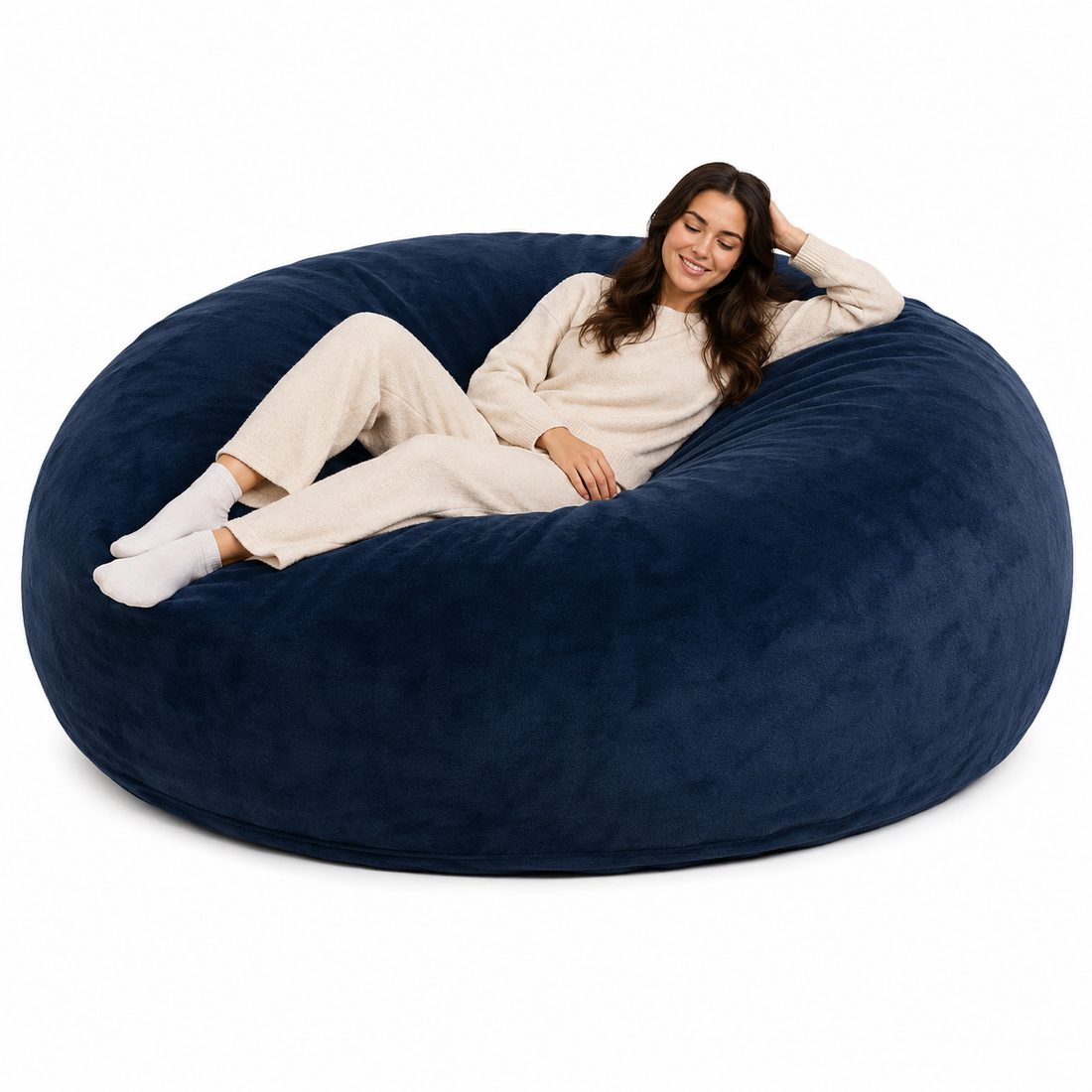 Pebble blue bean bag chair showing a reclining woman against a clean white background