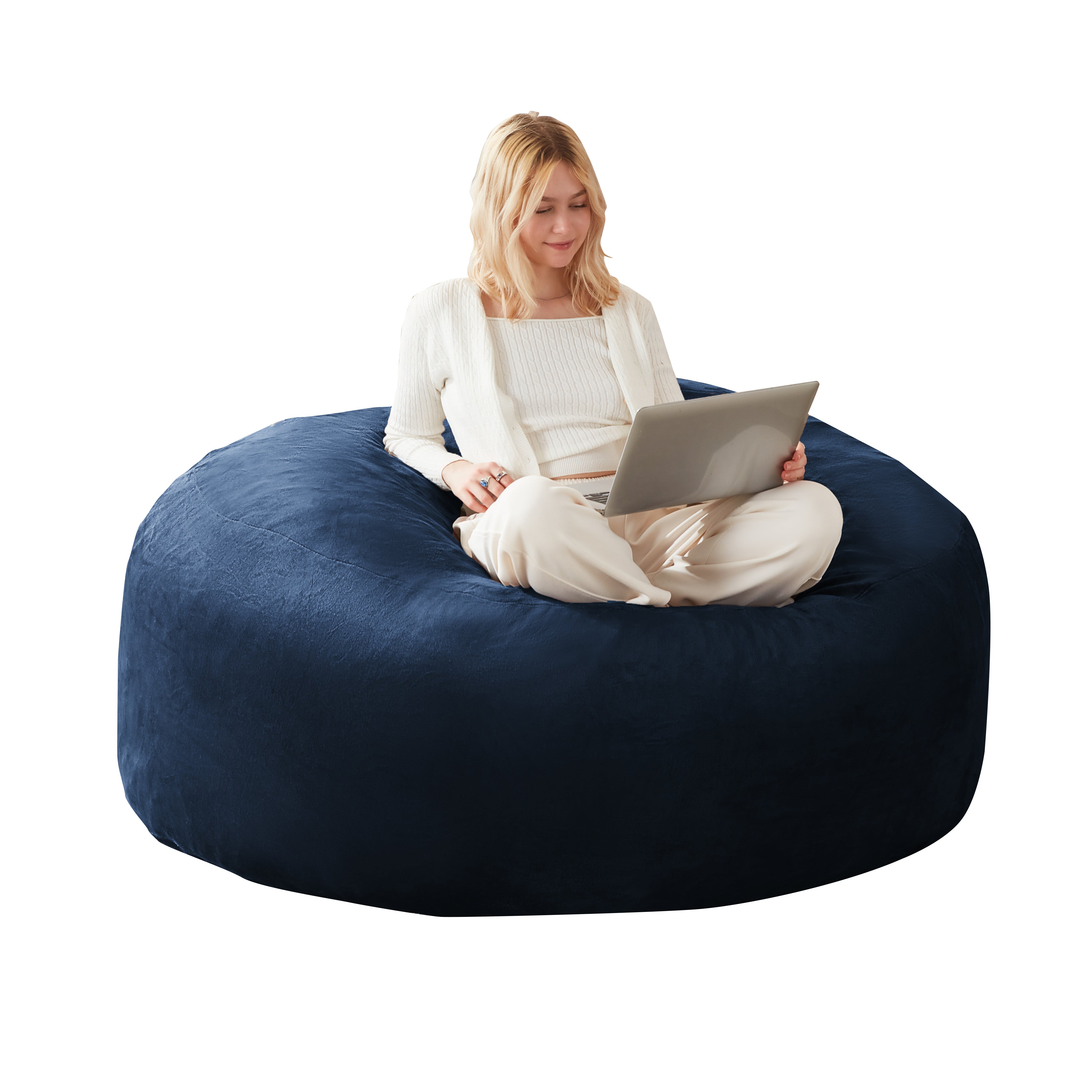 Pebble blue bean bag chair showing a seated woman reading against a white background