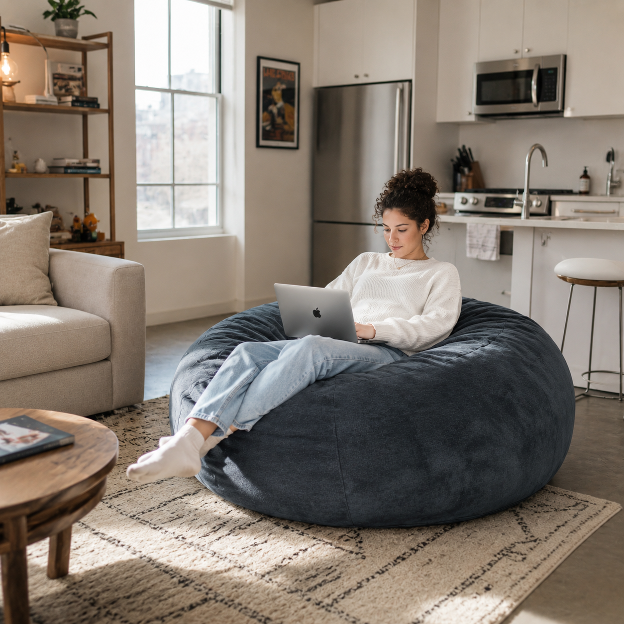 Pebble dark grey bean bag chair showing a person reading in a bright modern living room