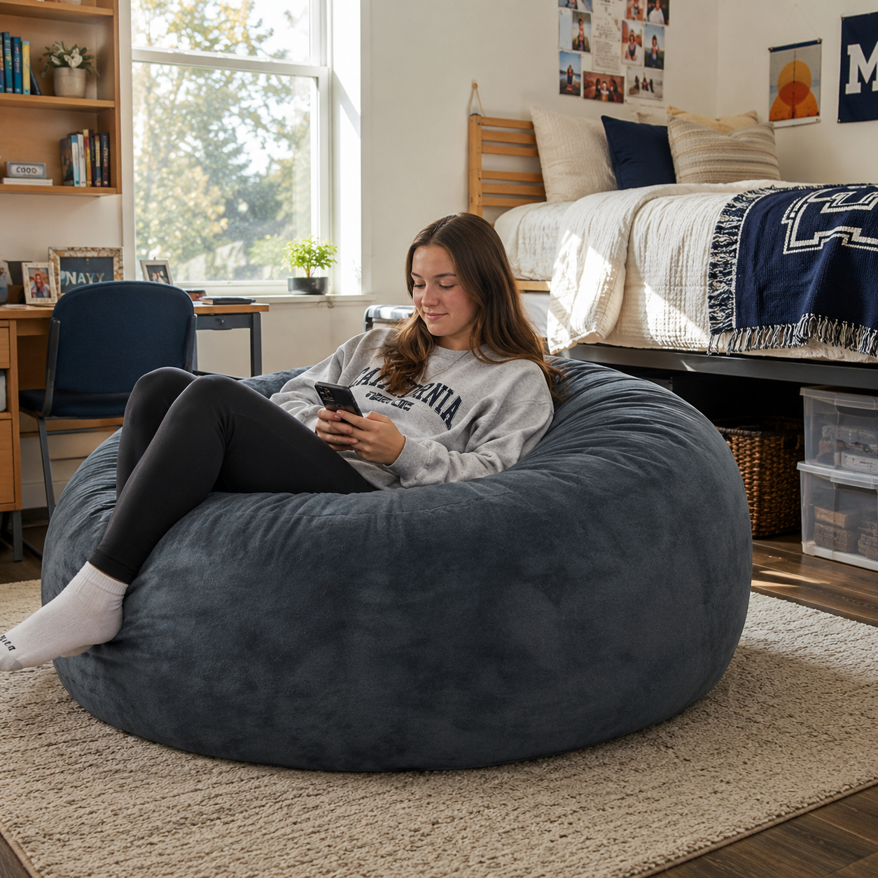 Pebble dark grey bean bag chair showing a woman relaxing with a book in a cozy bedroom