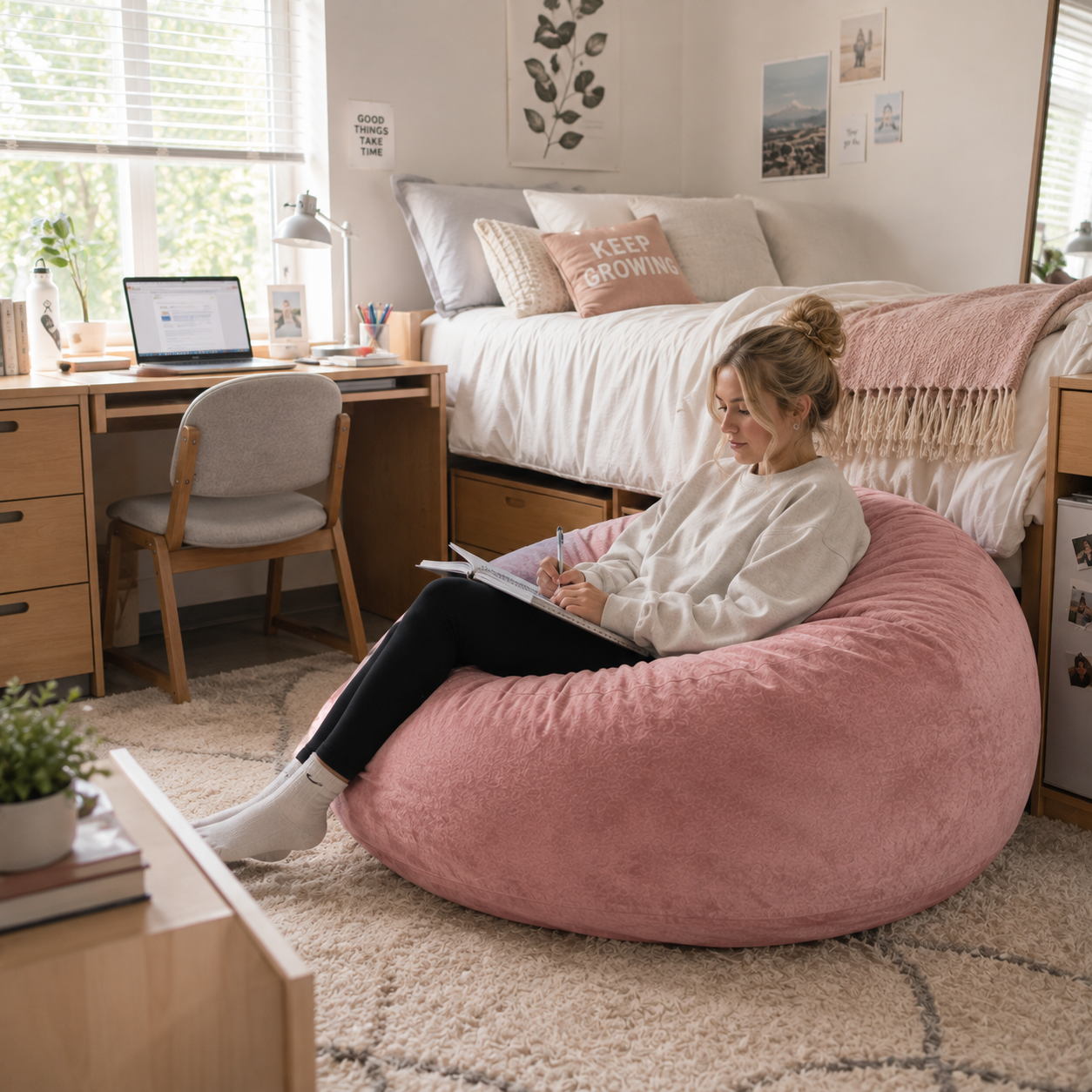 Pebble pink bean bag chair showing a woman relaxing with a book in a bright bedroom