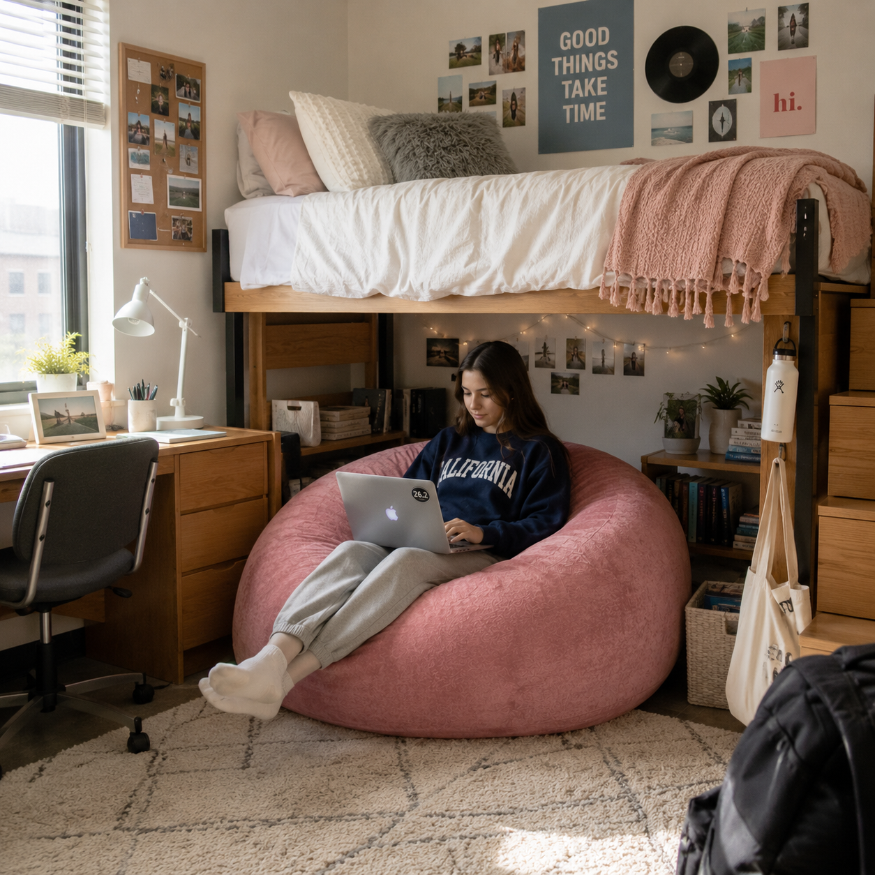 Pebble pink bean bag chair showing a seated person in a casual gaming and study room