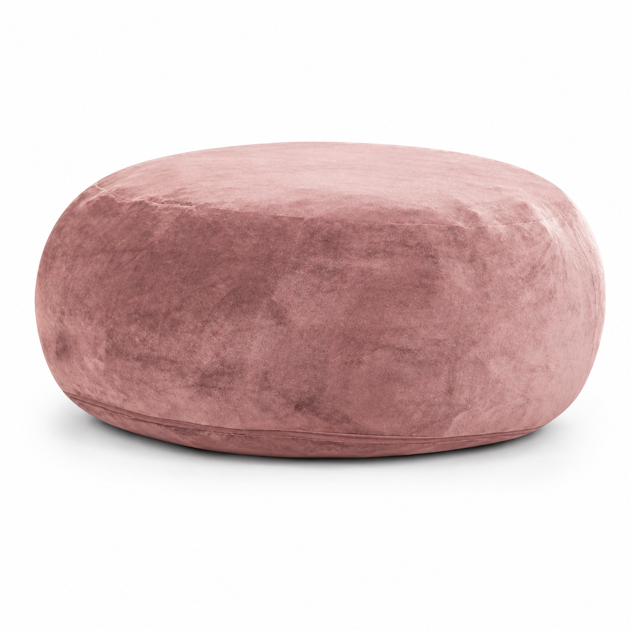 Pebble pink bean bag chair showing the low rounded profile from a side angled view