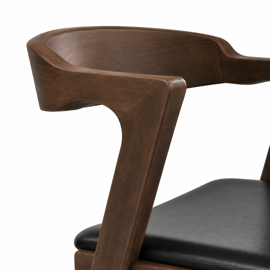 Peipus walnut dining chair close-up of the curved solid wood backrest and arm support