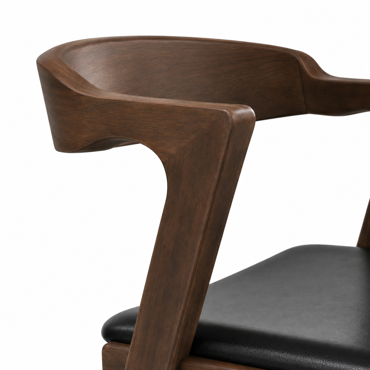 Peipus walnut dining chair close-up of the curved solid wood backrest and arm support