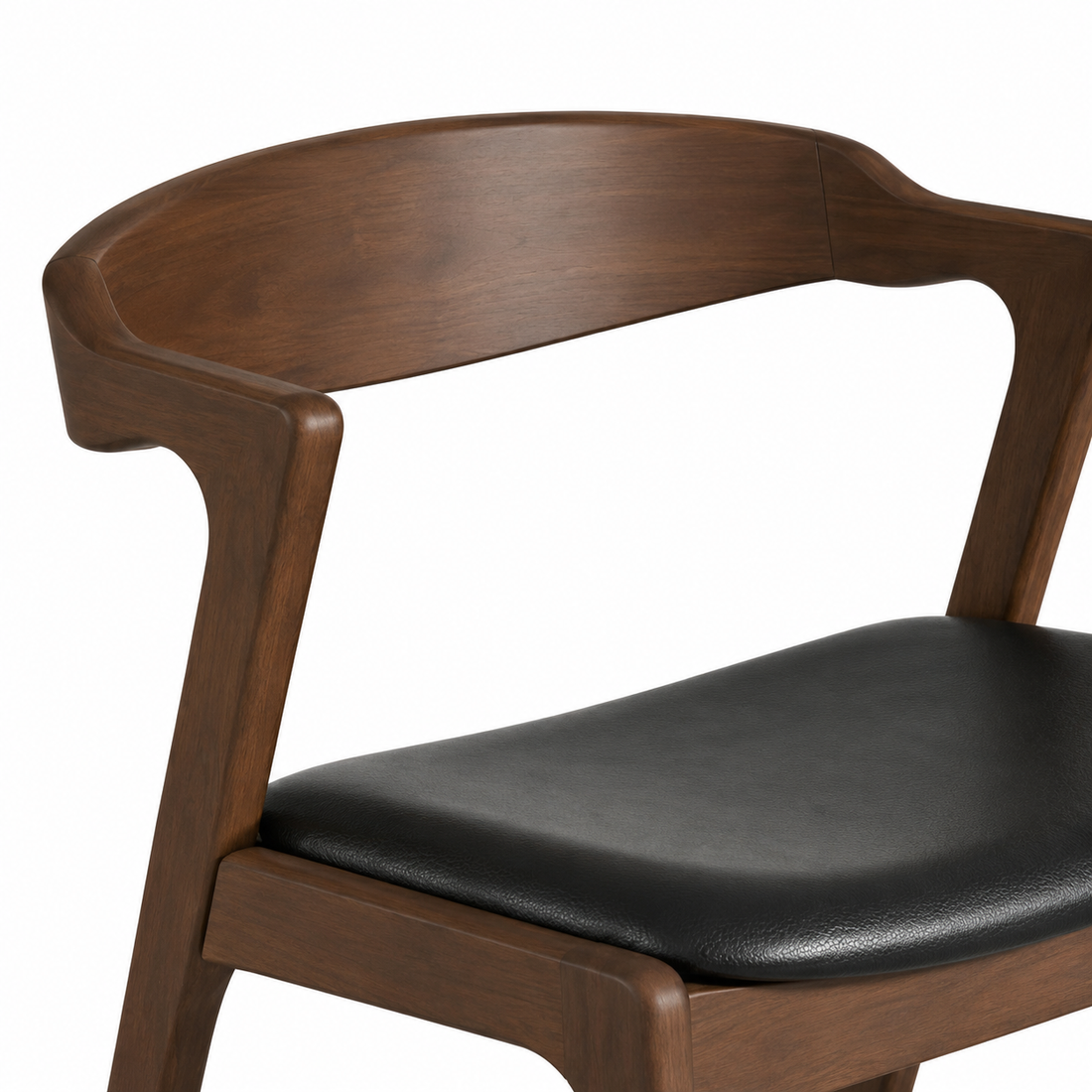 Peipus walnut dining chair close-up of the wraparound wood backrest and black faux leather seat