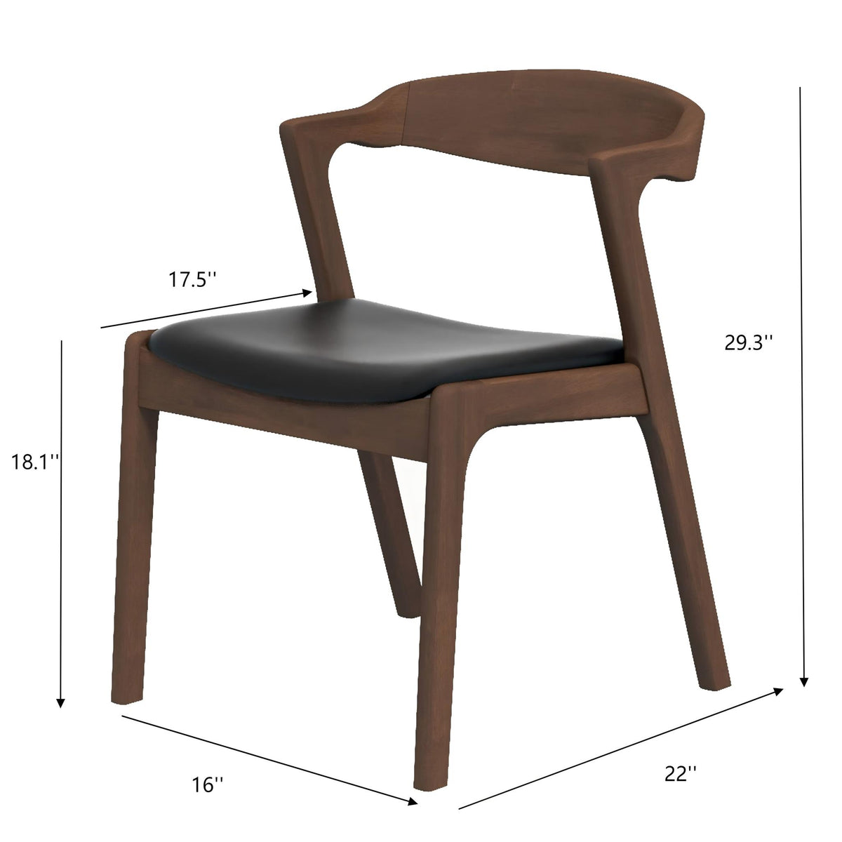 Peipus walnut solid wood dining chair showing product dimensions with black faux leather seat