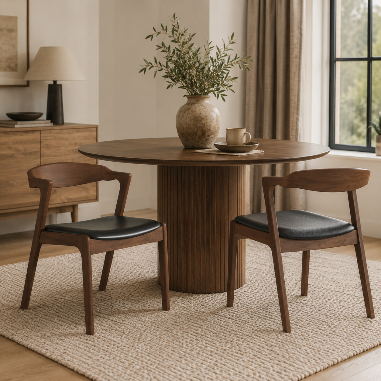 Peipus walnut dining chairs around a round wood table in a warm modern dining room