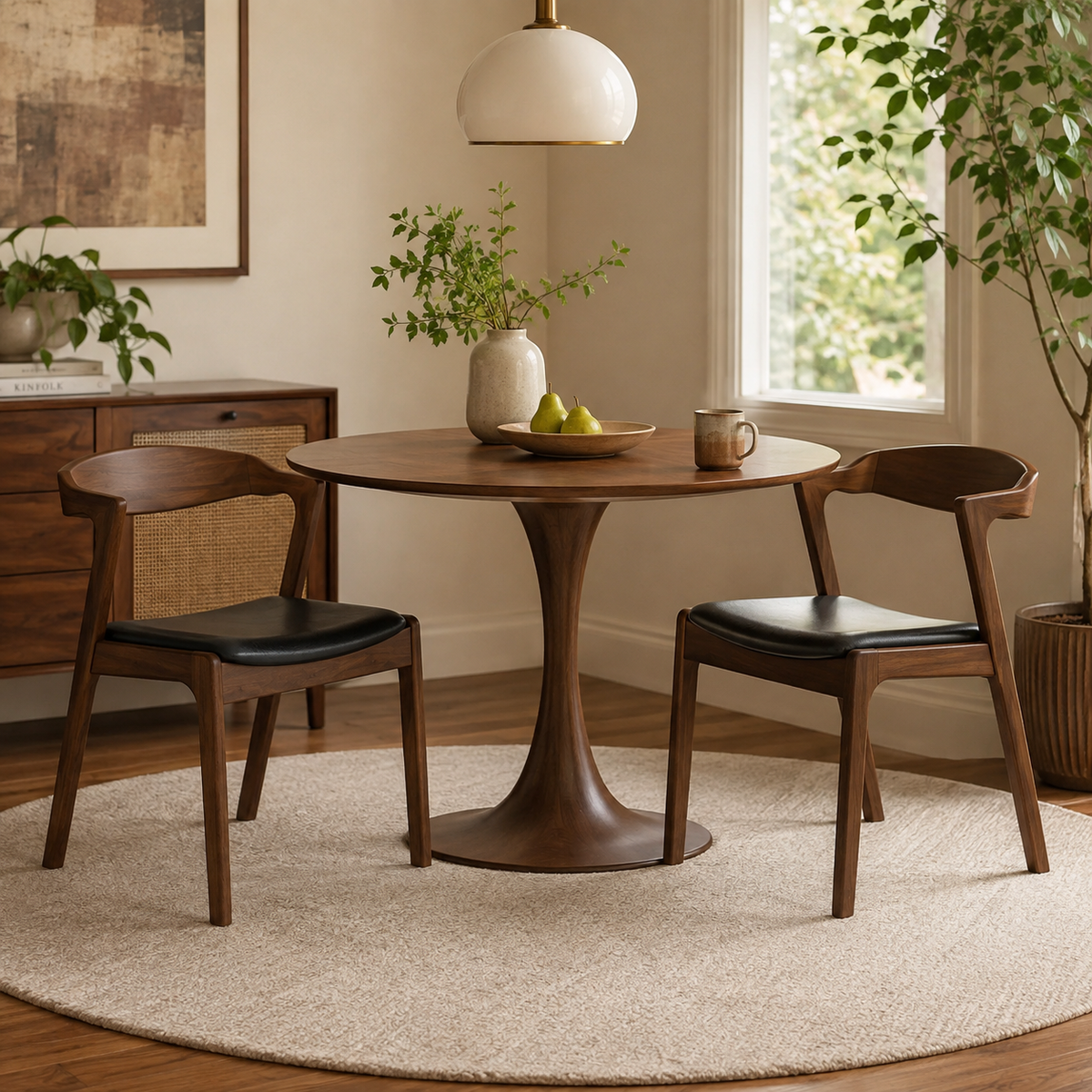 Peipus walnut solid wood dining chairs in a bright dining space with natural wood furniture