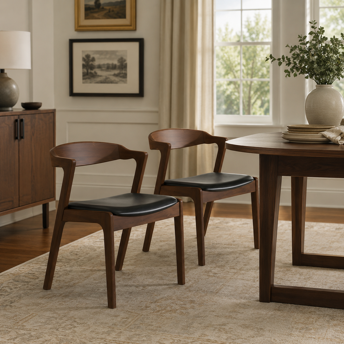 Peipus walnut dining chairs with faux leather seats in a cozy contemporary dining room