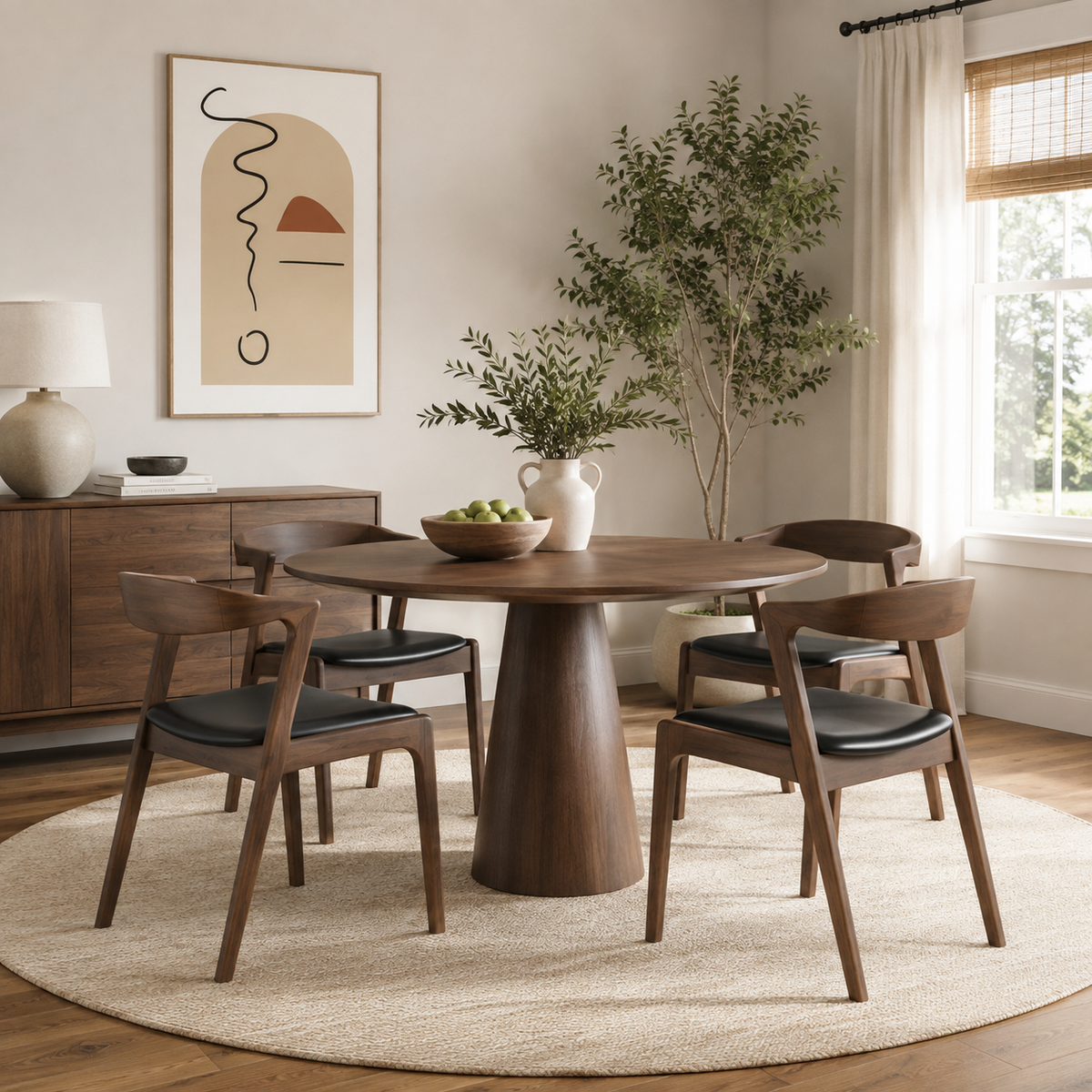 Peipus walnut solid wood dining chairs arranged around a round table in a sunlit dining area