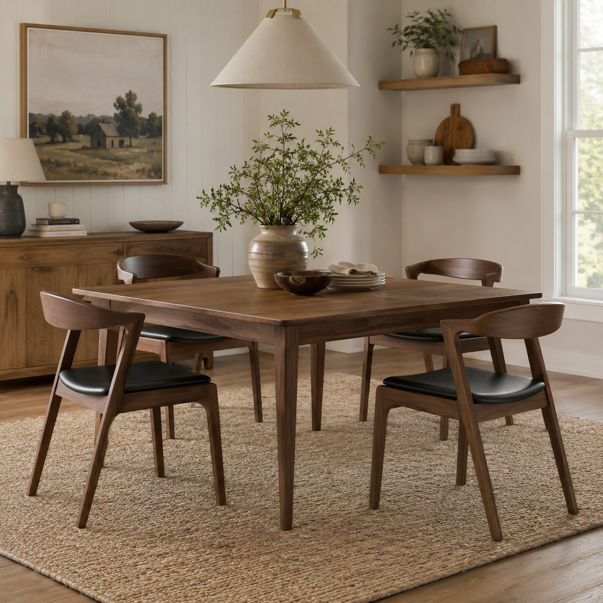 Peipus walnut dining chairs around a wood table in a warm home dining space