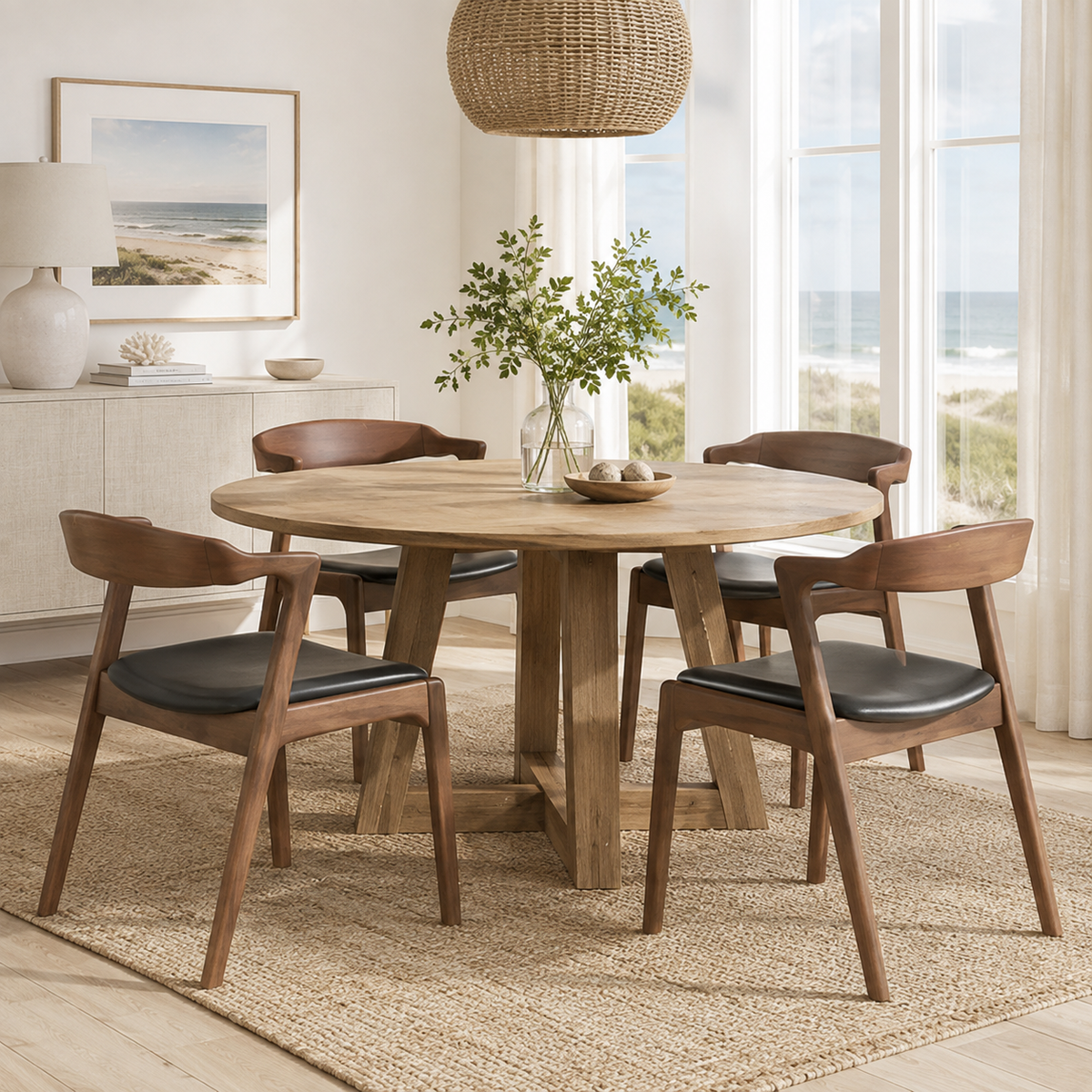 Peipus walnut solid wood dining chairs in a bright dining room with neutral decor and plants