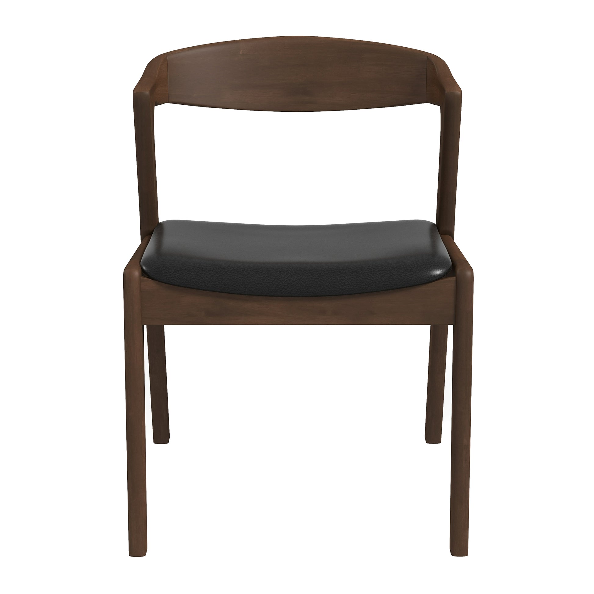 Peipus walnut solid wood dining chair straight front view with black faux leather seat on white background