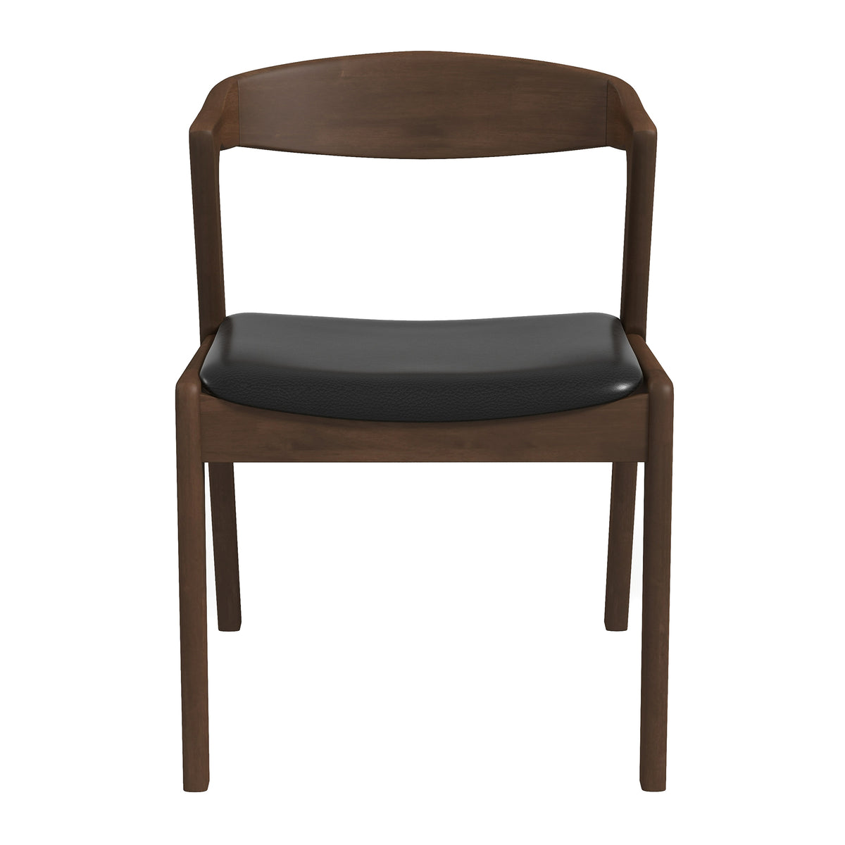 Peipus walnut solid wood dining chair straight front view with black faux leather seat on white background