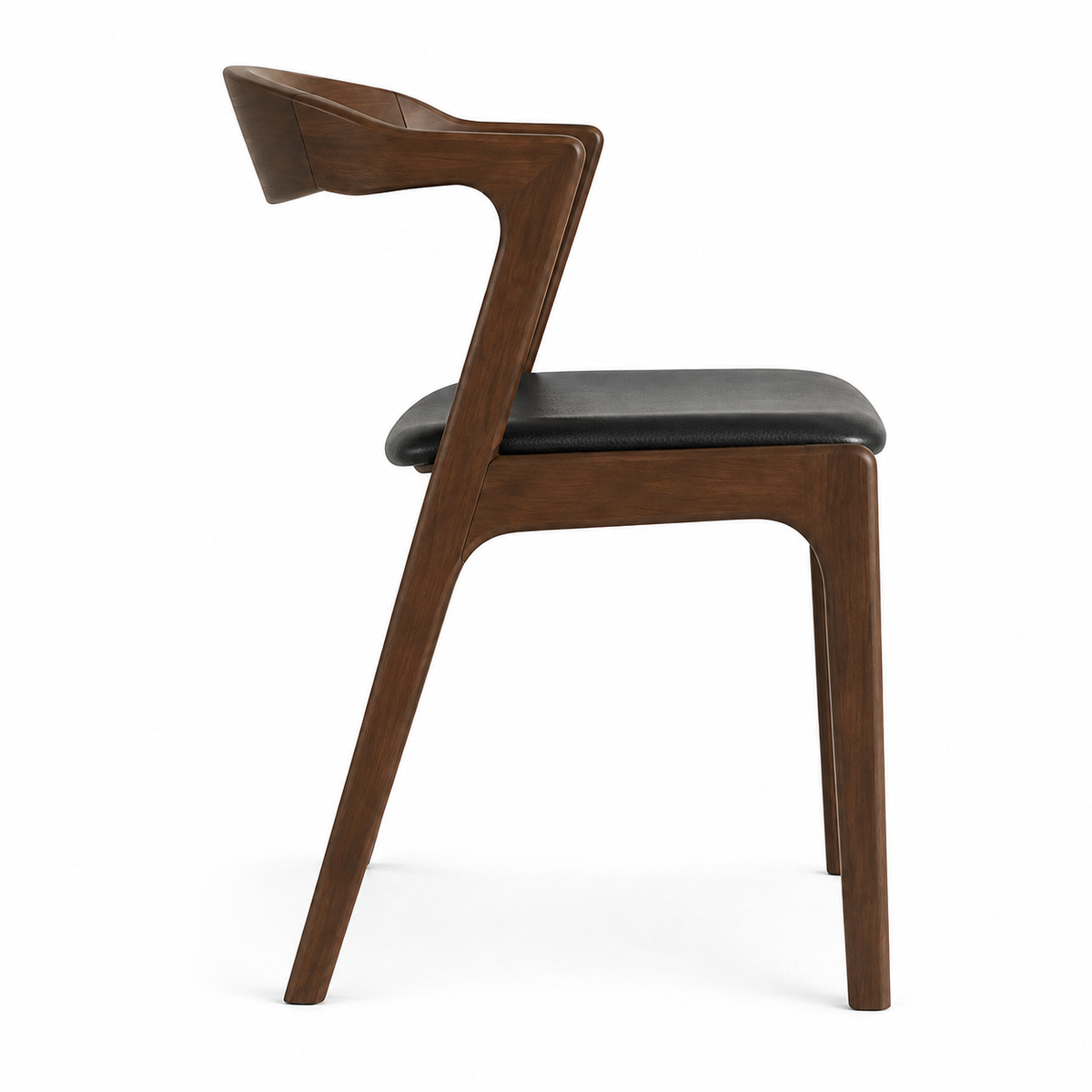 Peipus walnut dining chair side view with curved wood backrest on white background