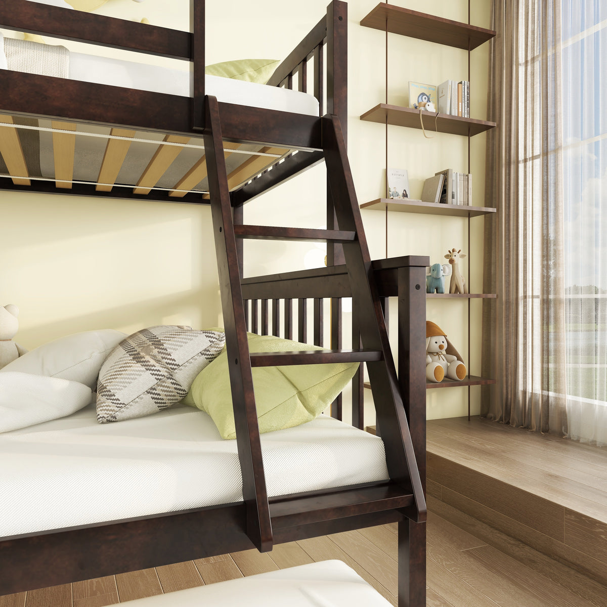 Perenna espresso bunk bed showing twin trundle and ladder detail