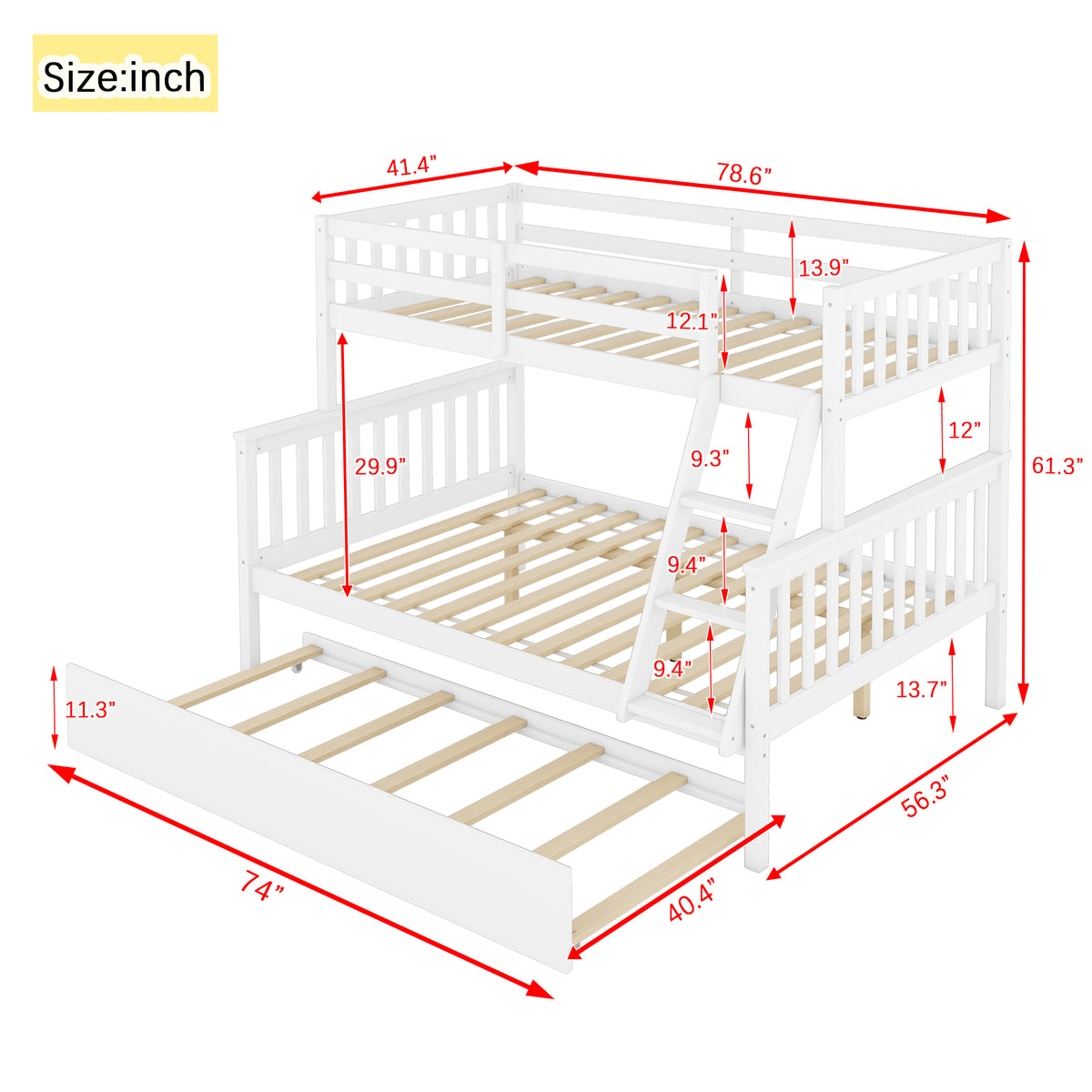Perenna espresso bunk bed showing dimensions