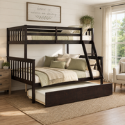 Perenna espresso twin over full bunk bed with twin trundle in a warm bedroom