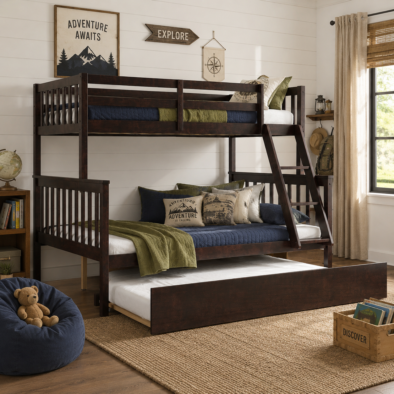 Perenna espresso twin over full bunk bed with trundle and neutral bedding in a bedroom