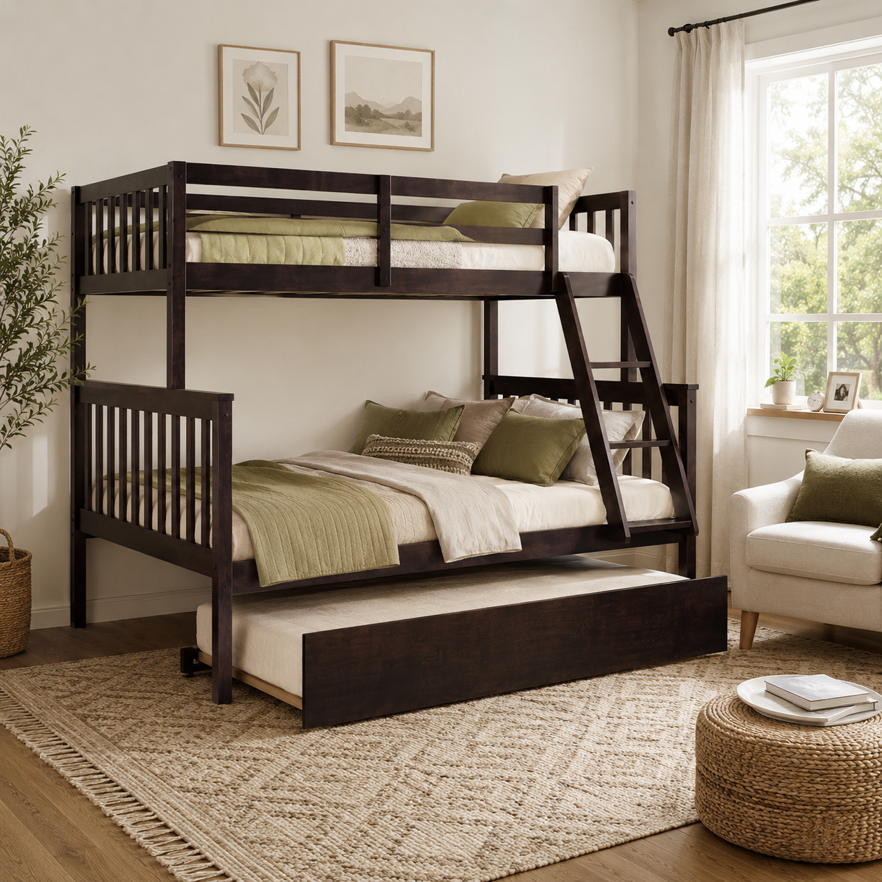 Perenna espresso twin over full bunk bed with ladder in a cozy bedroom setting