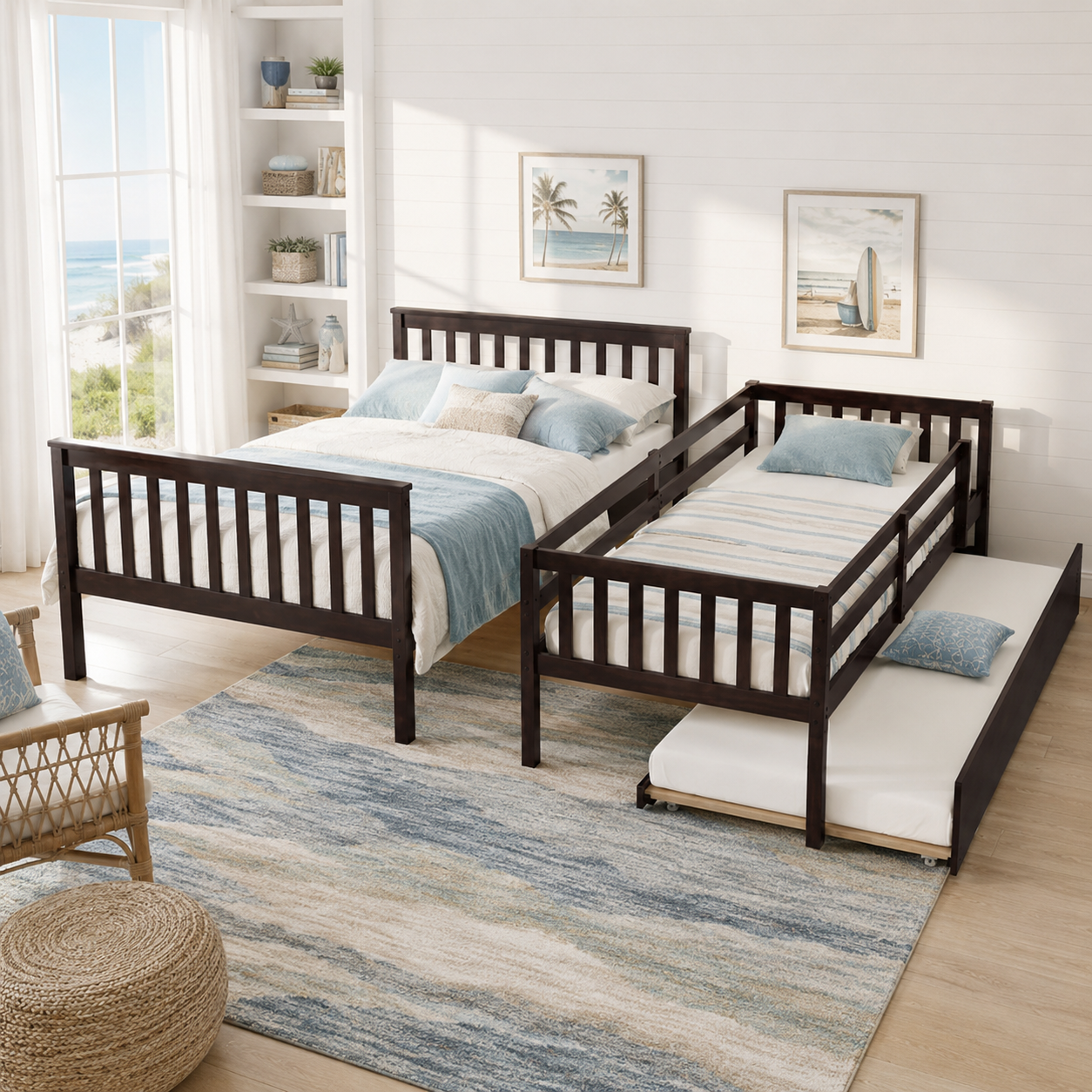 Perenna espresso bunk bed converted into two separate beds in a bright bedroom