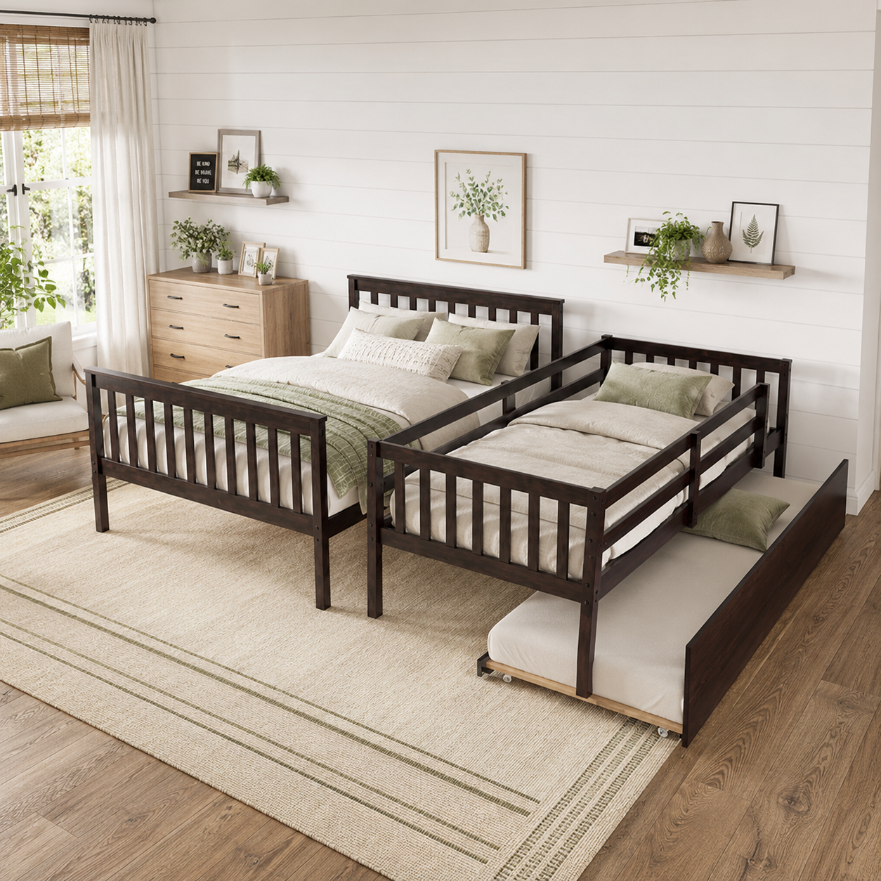 Perenna espresso convertible bunk bed arranged as two separate beds with neutral bedding