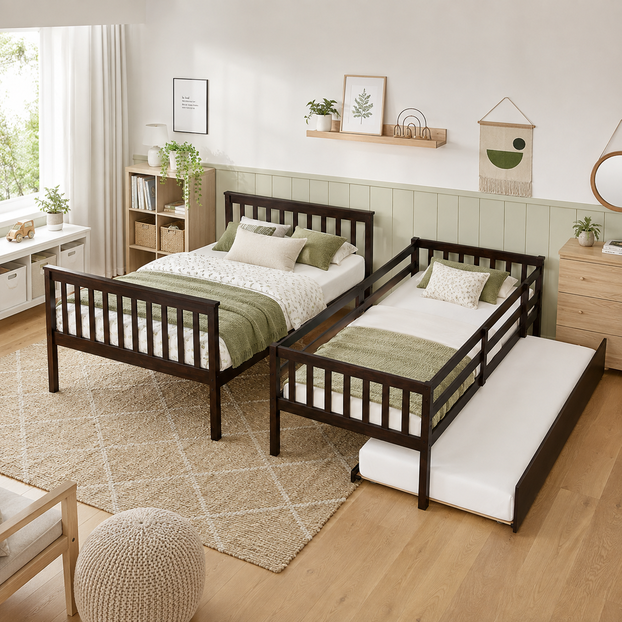 Perenna espresso separate twin and full beds displayed in a warm modern bedroom