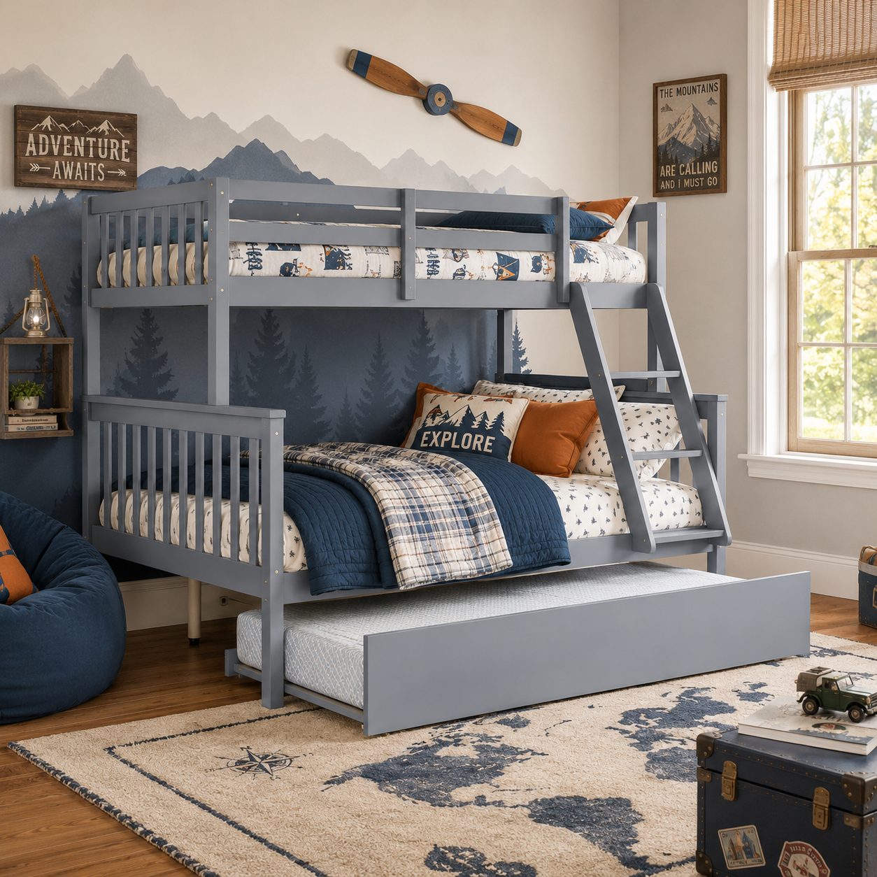 Perenna gray twin over full bunk bed with twin trundle in a cozy bedroom with blue bedding