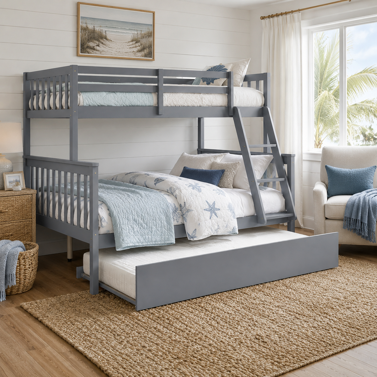 Perenna gray twin over full bunk bed with pull-out trundle in a bright kids bedroom