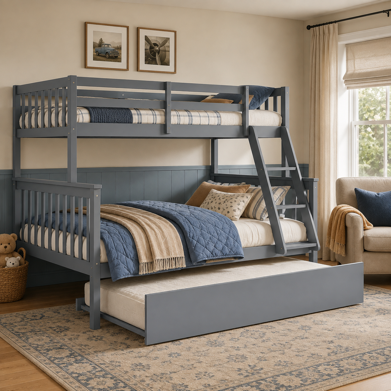 Perenna gray bunk bed converted into two separate beds in a bright bedroom