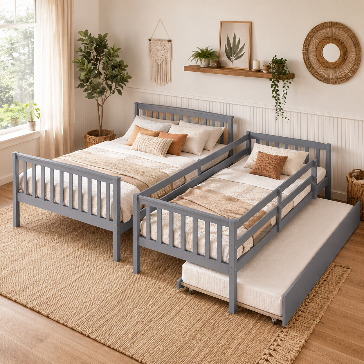 Perenna gray bunk bed shown as two separate beds with neutral bedding in a bedroom