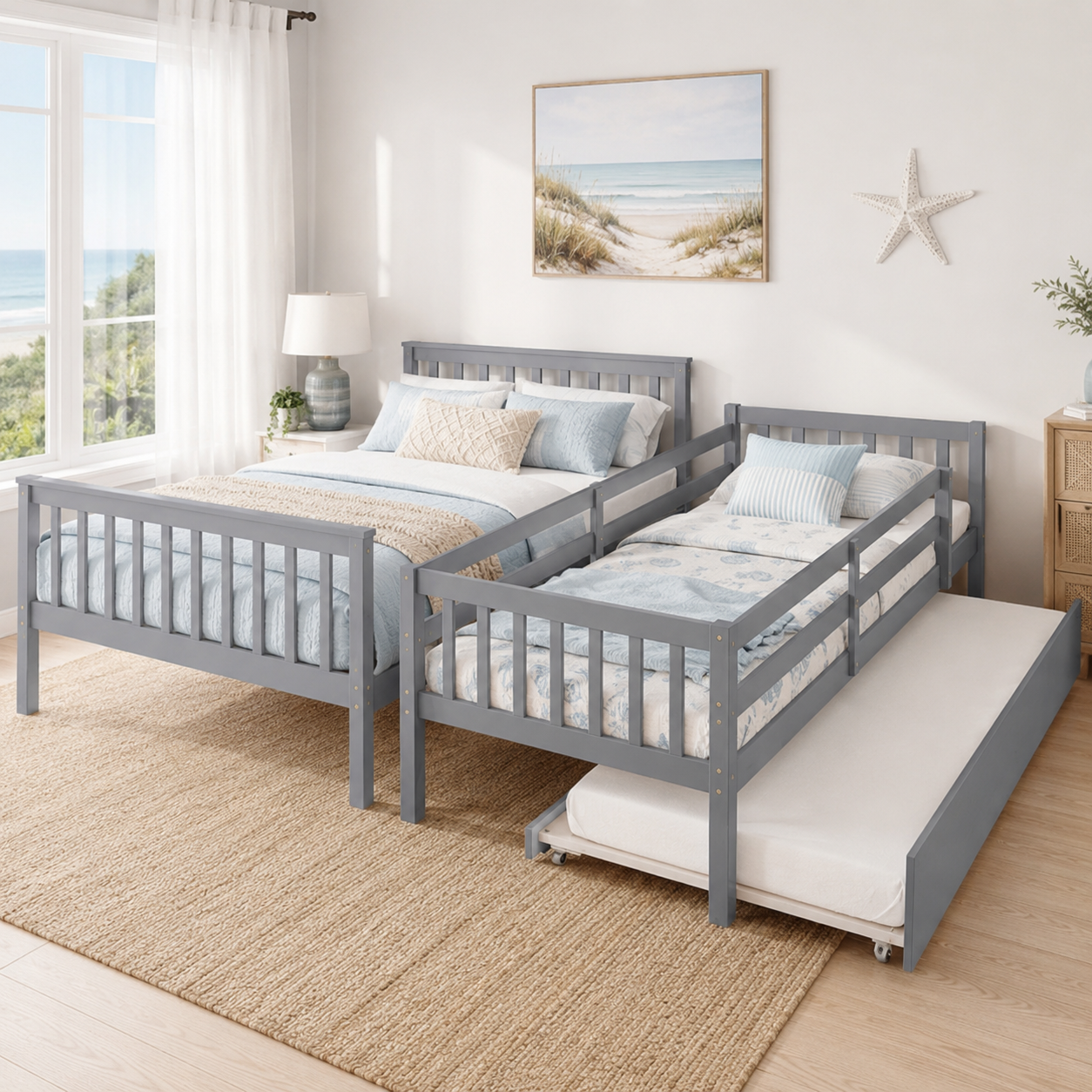 Perenna gray convertible bunk bed arranged as separate beds in a warm bedroom setting