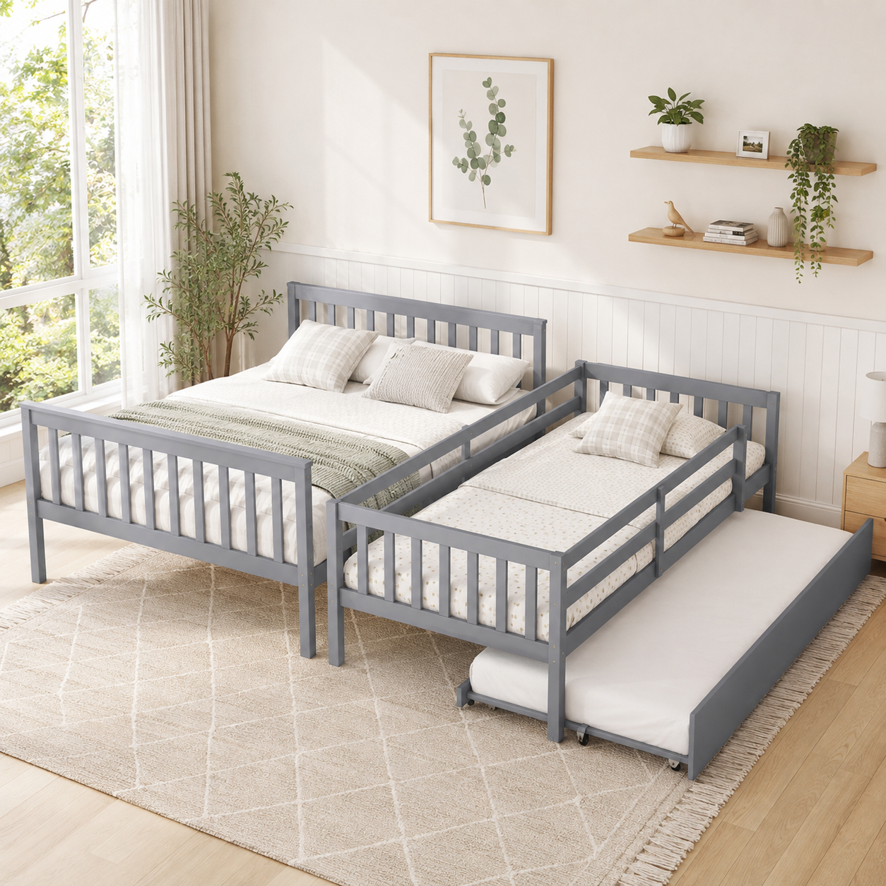 Perenna gray convertible bunk bed arranged as separate beds in a warm bedroom setting