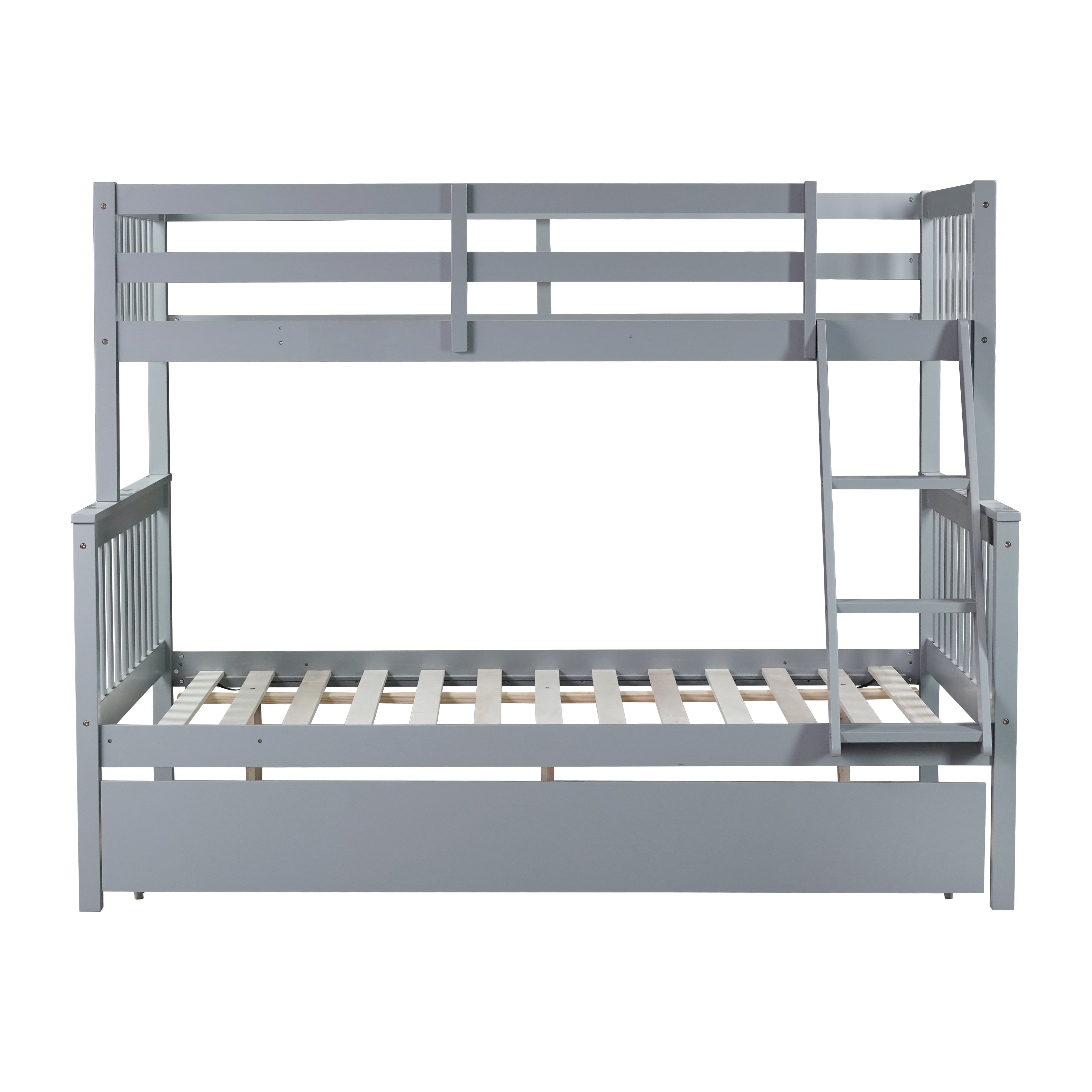 Perenna gray twin over full bunk bed front angled view with trundle on white background
