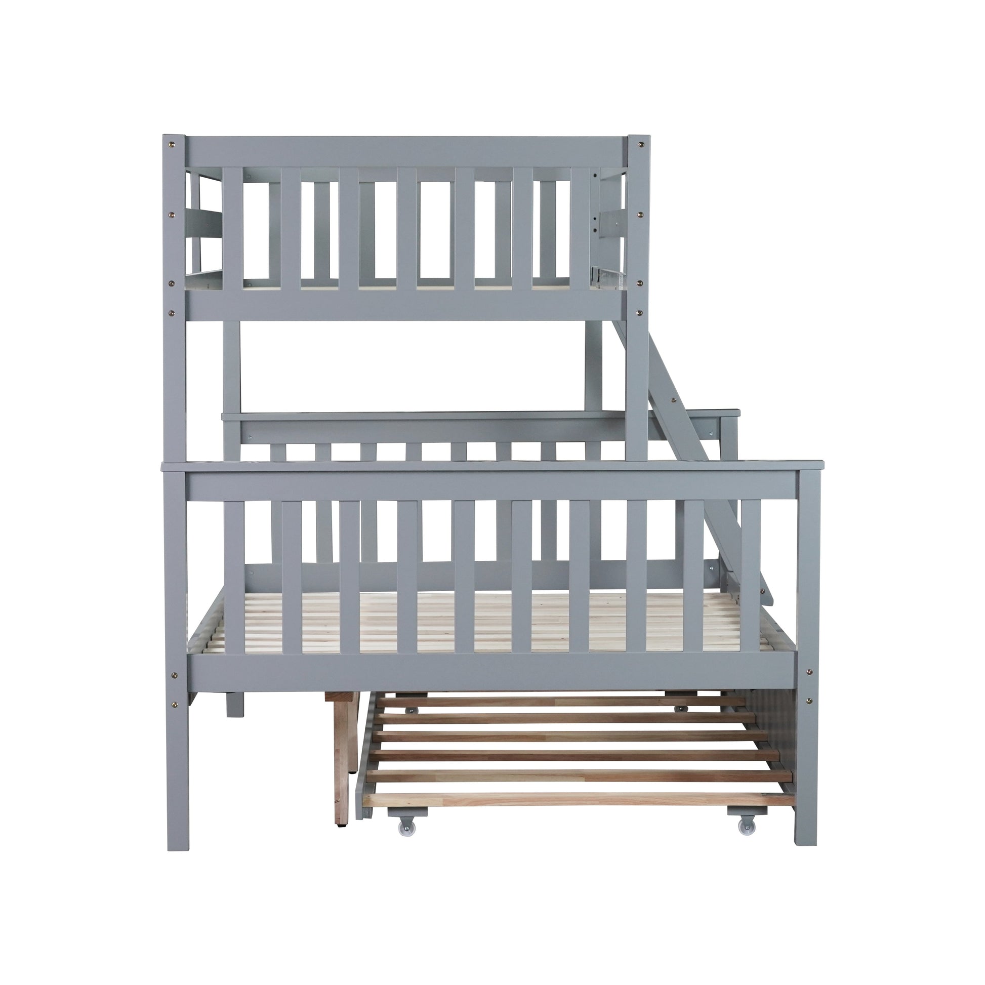 Perenna gray twin over full bunk bed side view on white background