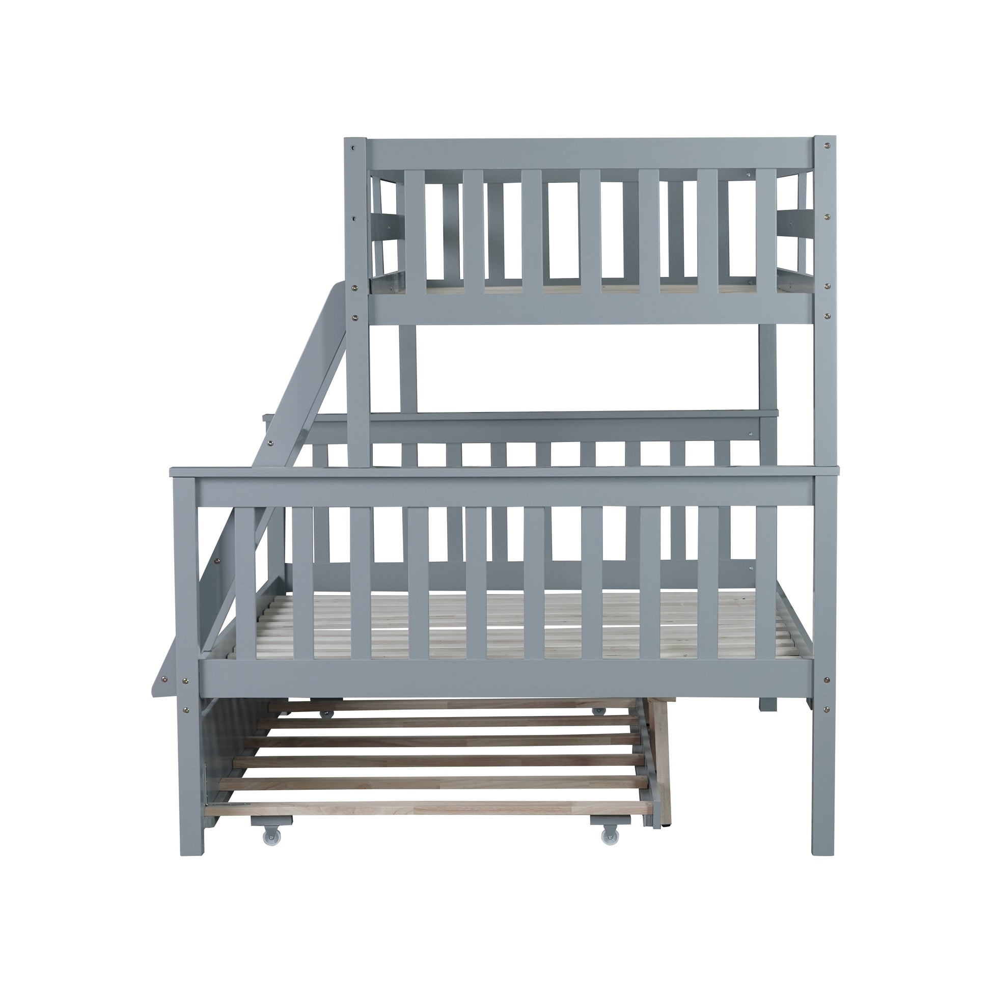 Perenna gray twin over full bunk bed side view with ladder on white background