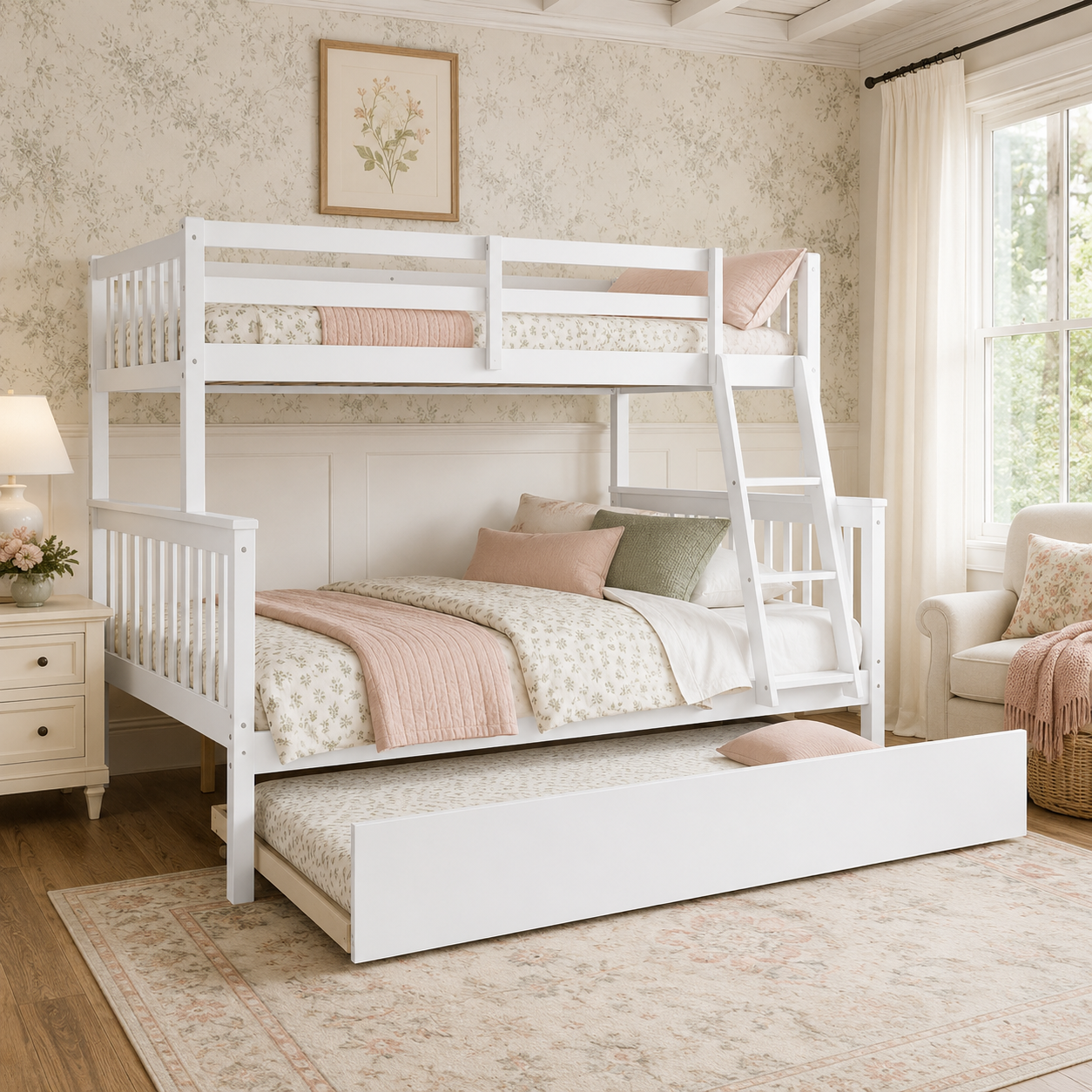 Perenna white twin over full bunk bed with twin trundle in a bright bedroom with blush bedding