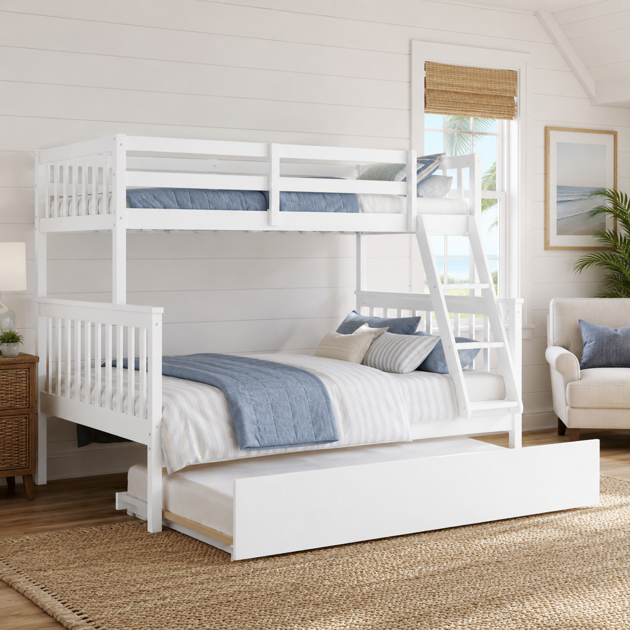 Perenna white twin over full bunk bed with blue bedding in a bright kids bedroom