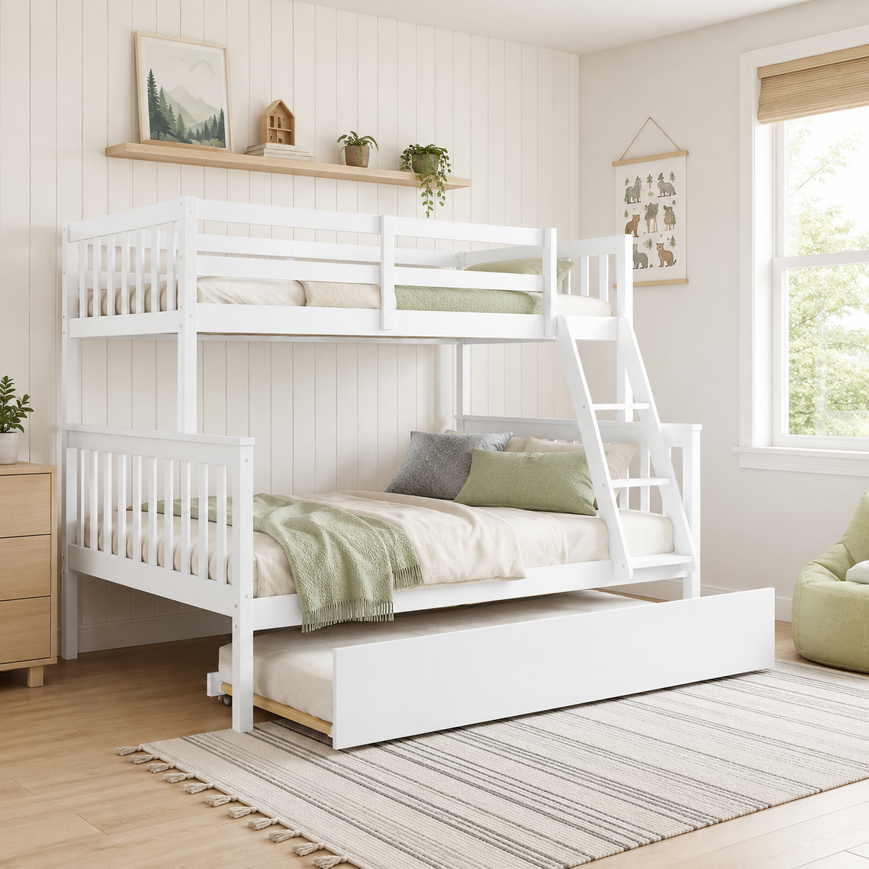 Perenna white twin over full bunk bed with green bedding in a sunlit bedroom